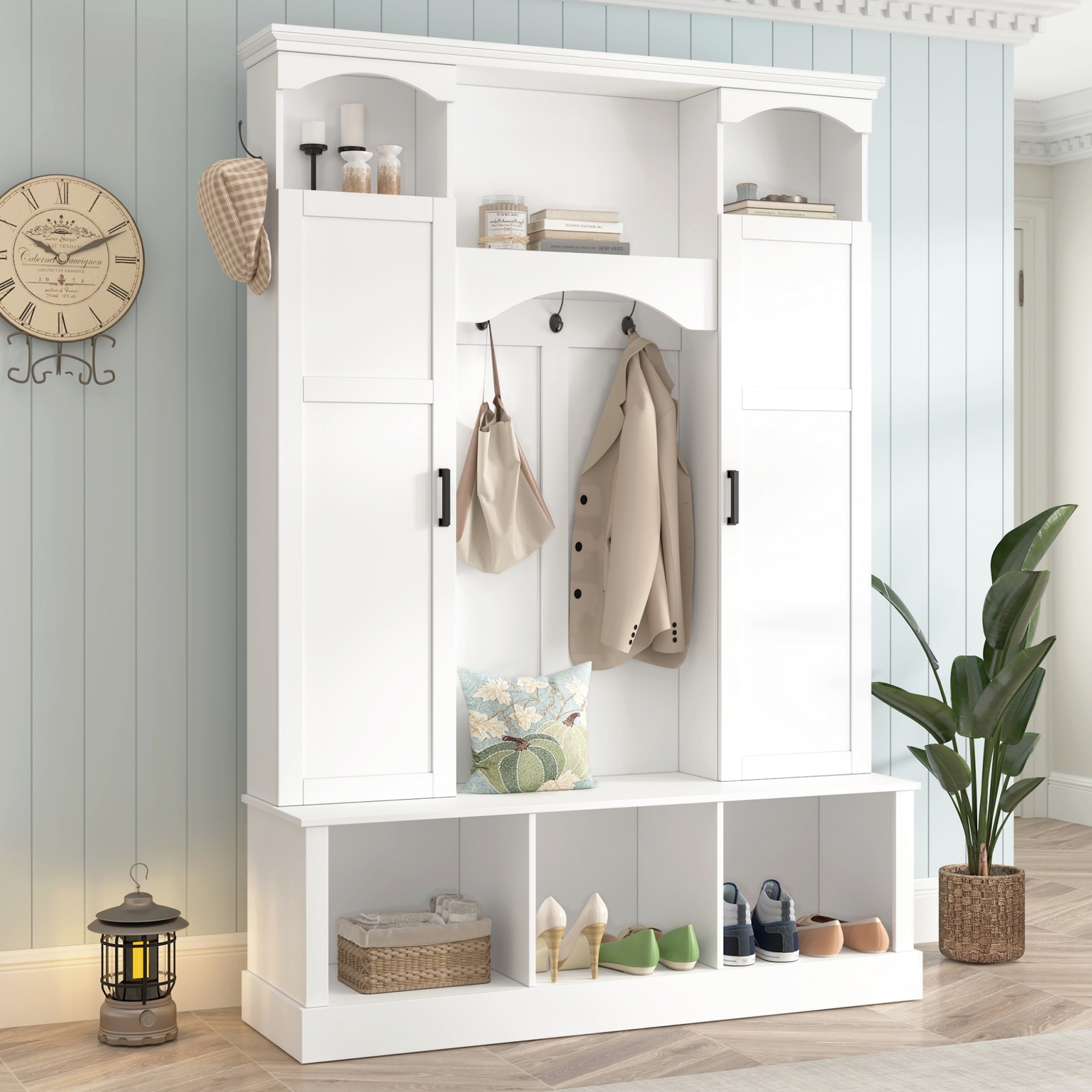 White Hall Tree with Storage and Shoe Cabinet for Entryway