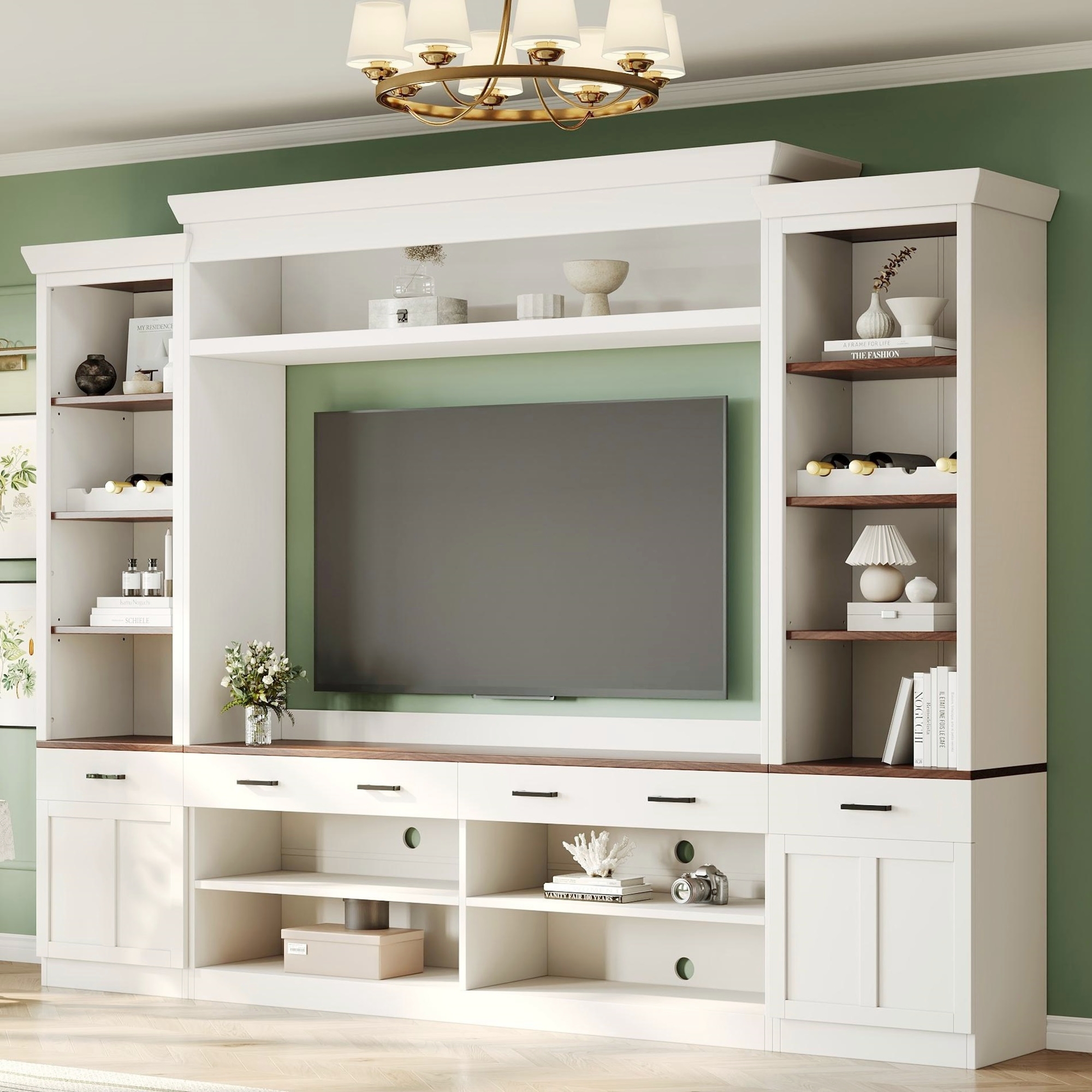 White & Walnut TV Entertainment Center - 4-Piece