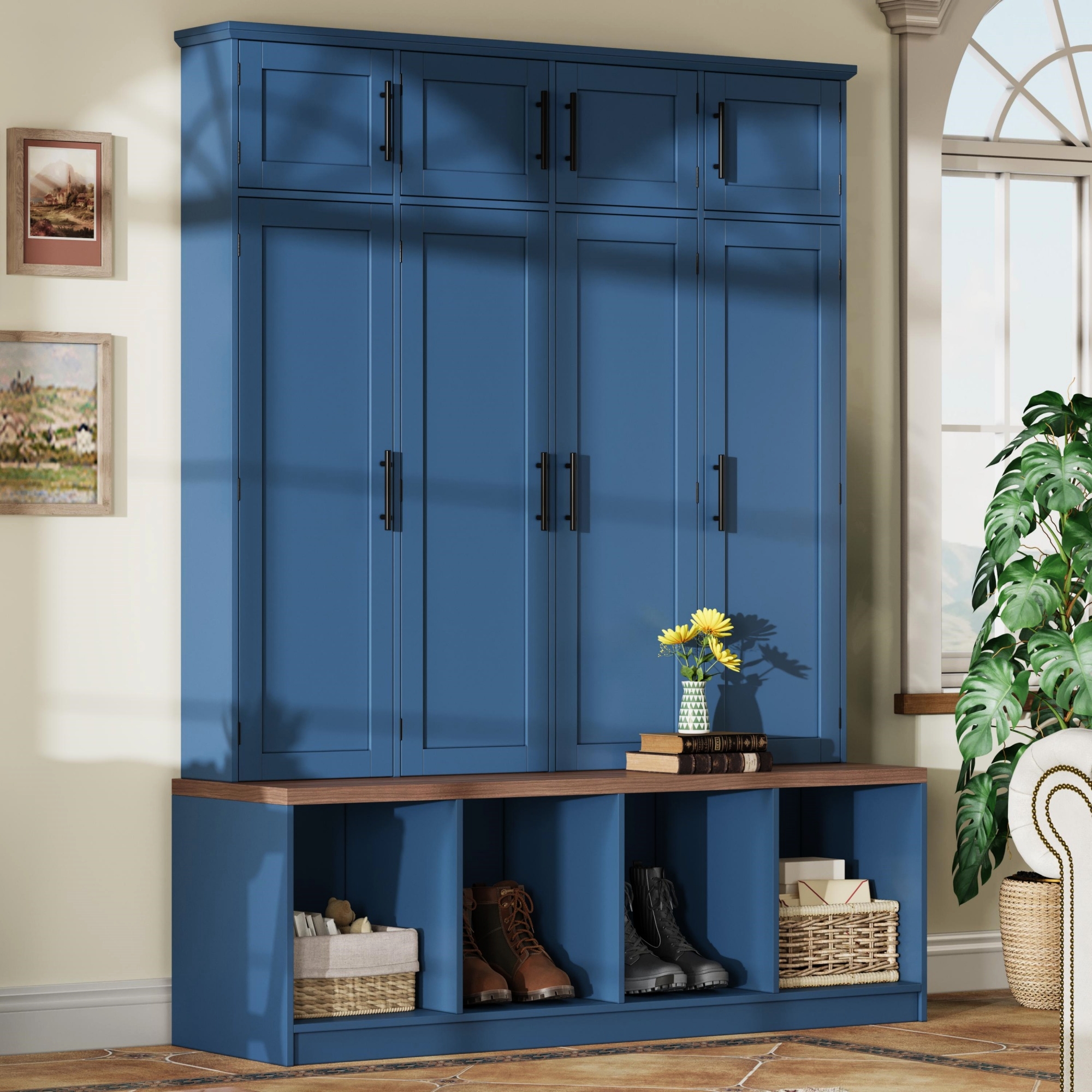 Blue MDF Hall Tree with Bench & Hooks - Entryway Shoe Cabinet