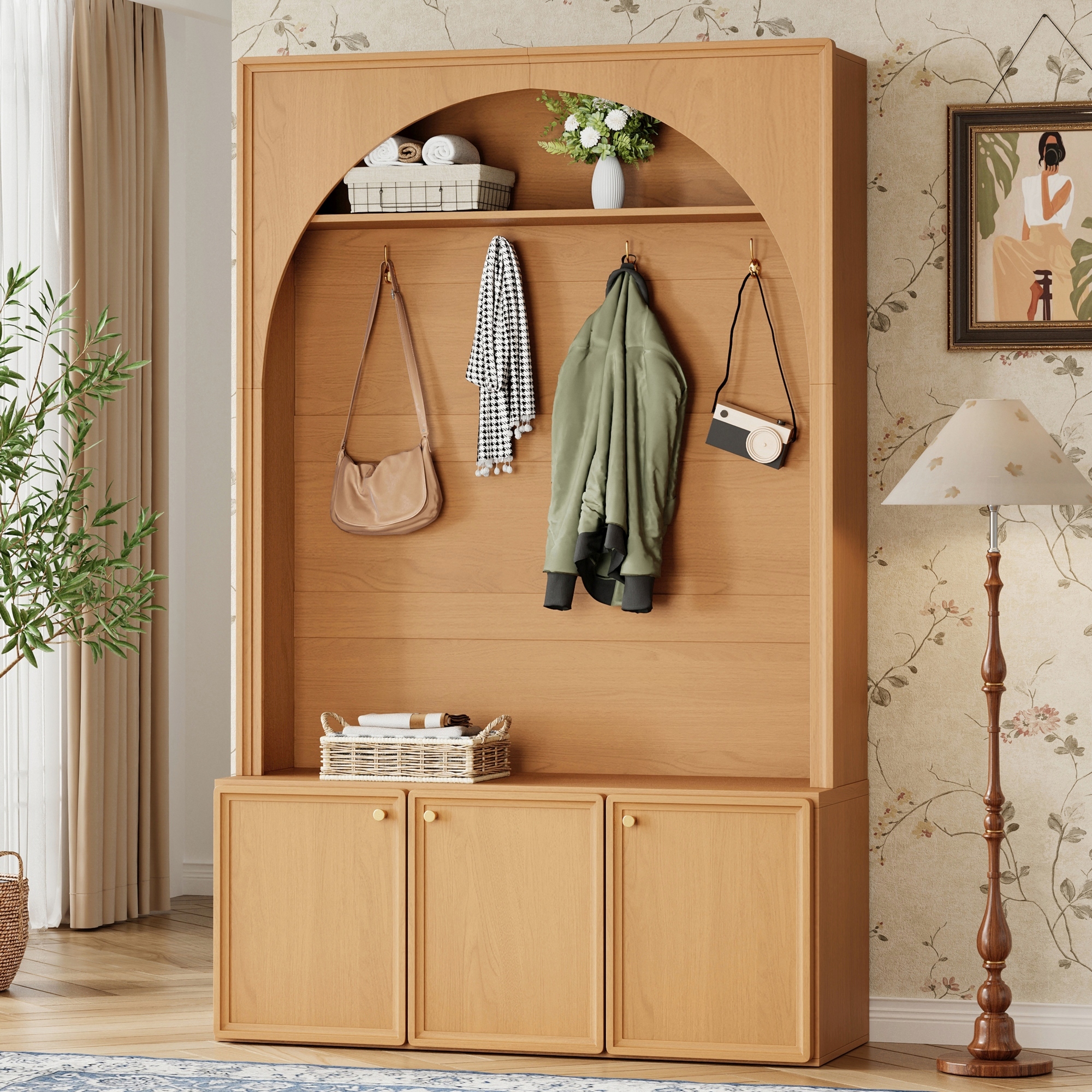 Natural MDF Hall Tree with Bench & Coat Hooks