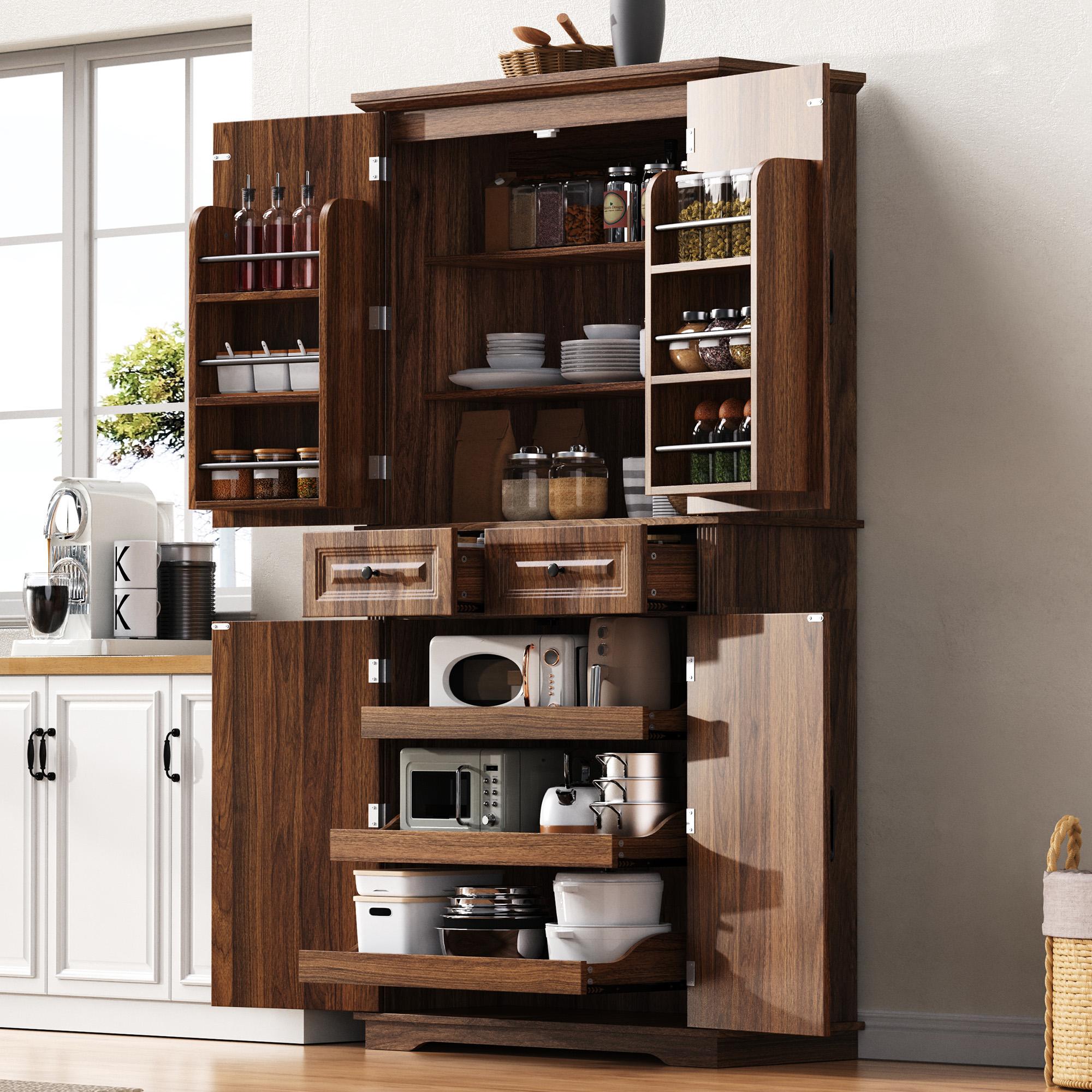 Brown Walnut Tall Kitchen Pantry Cabinet - 71" Storage