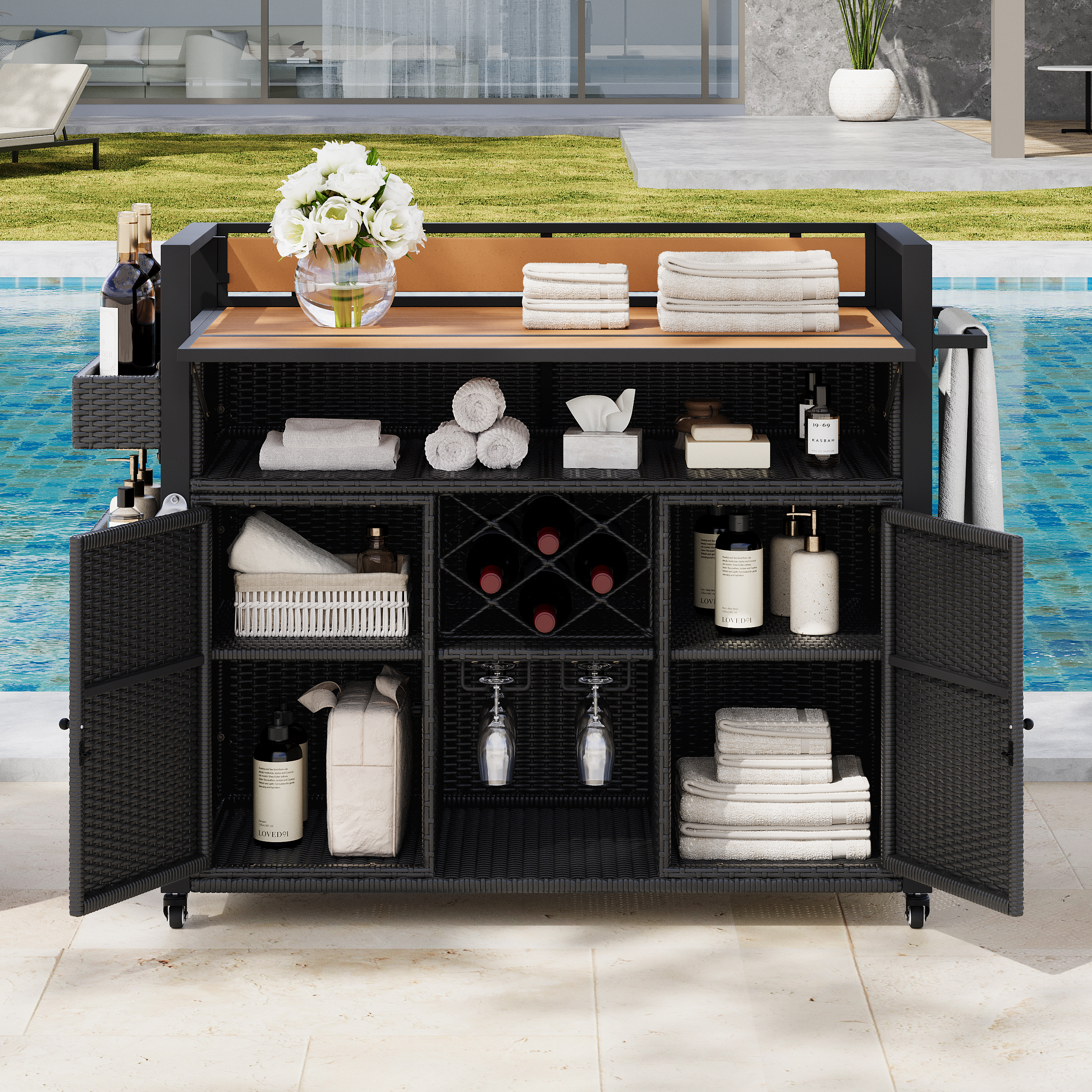 Black Brown Rattan Outdoor Grill Cart with Storage