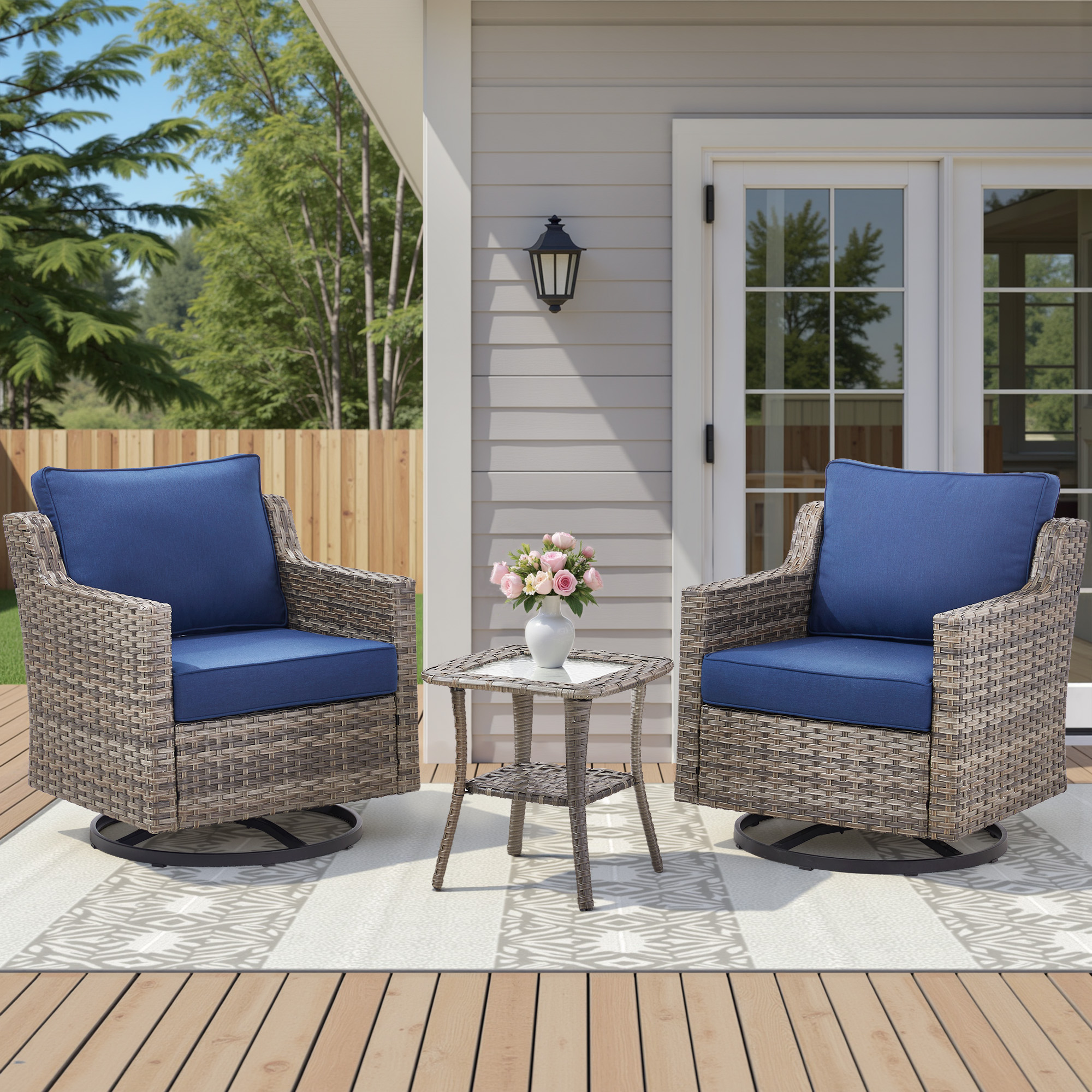 Blue Wicker Patio Sofa Set with Glass Table - 2 Chairs