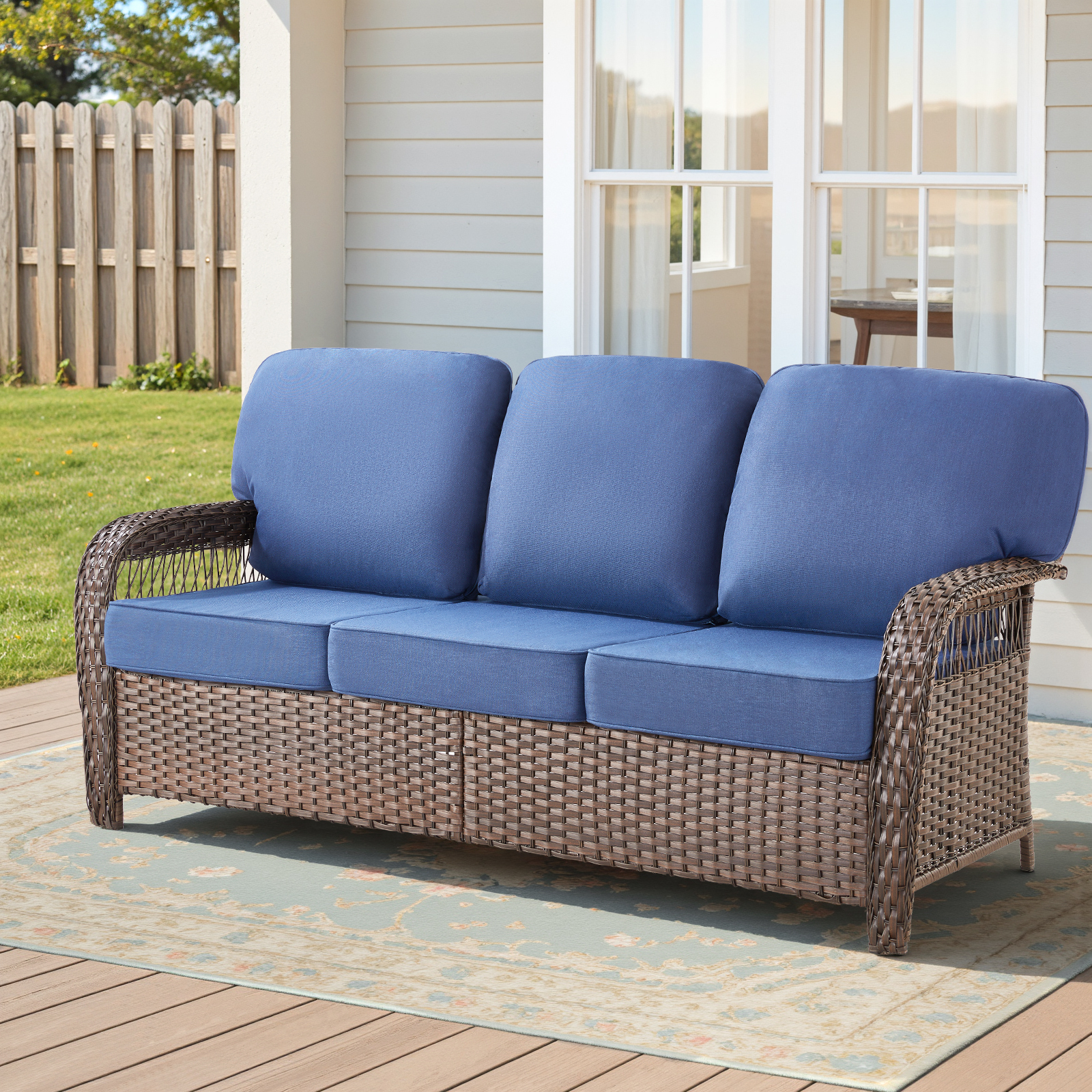 Blue Wicker Patio Sofa - 75" T-Shaped Seat