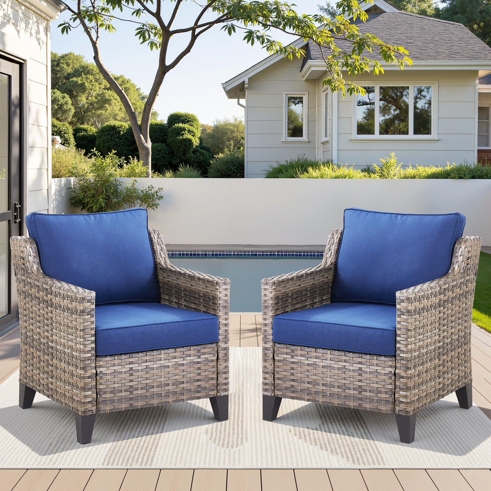 Blue Wicker Patio Lounge Chair Set - 2 Piece Outdoor Furniture