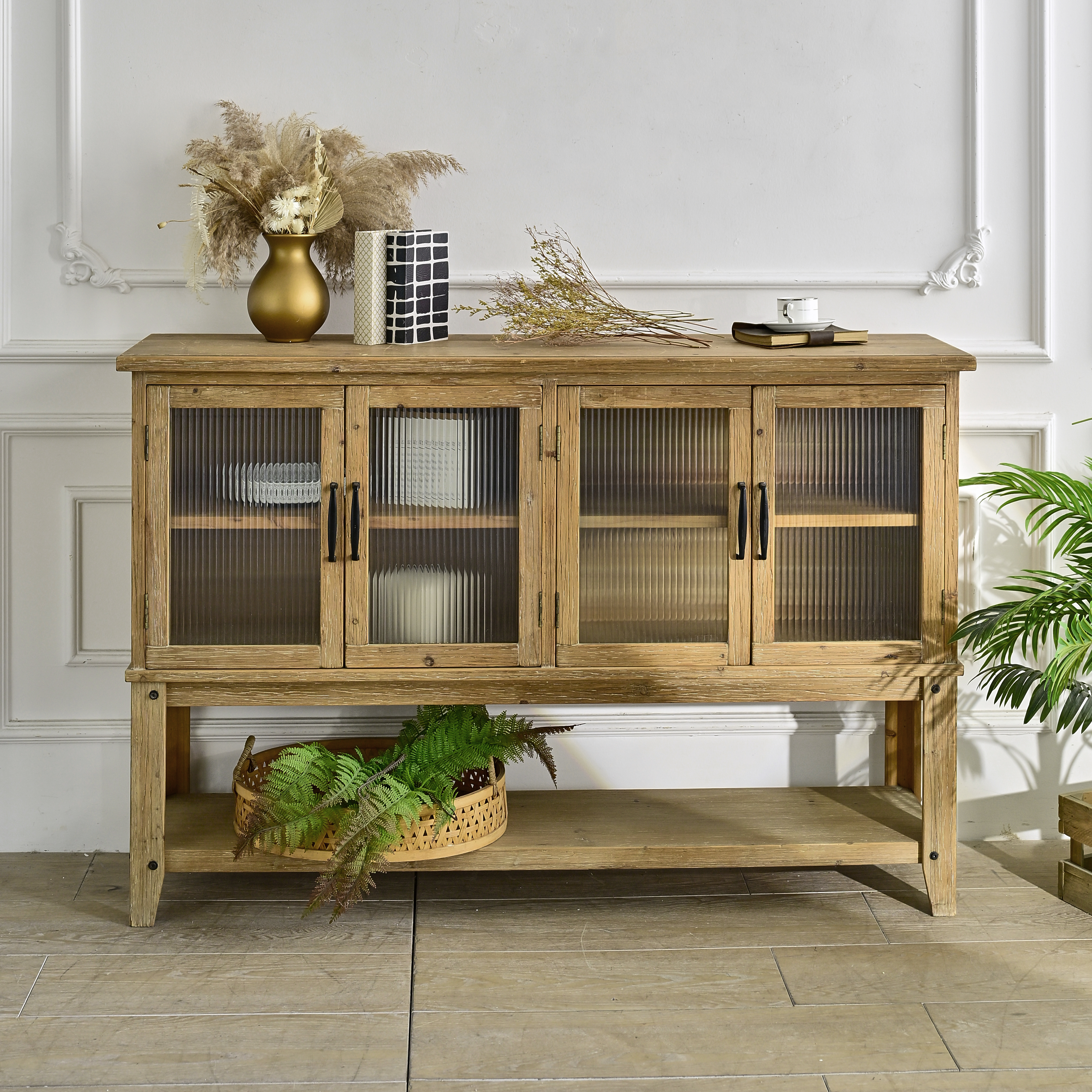 Natural Wood Farmhouse Sideboard Cabinet - 59" Dining Storage