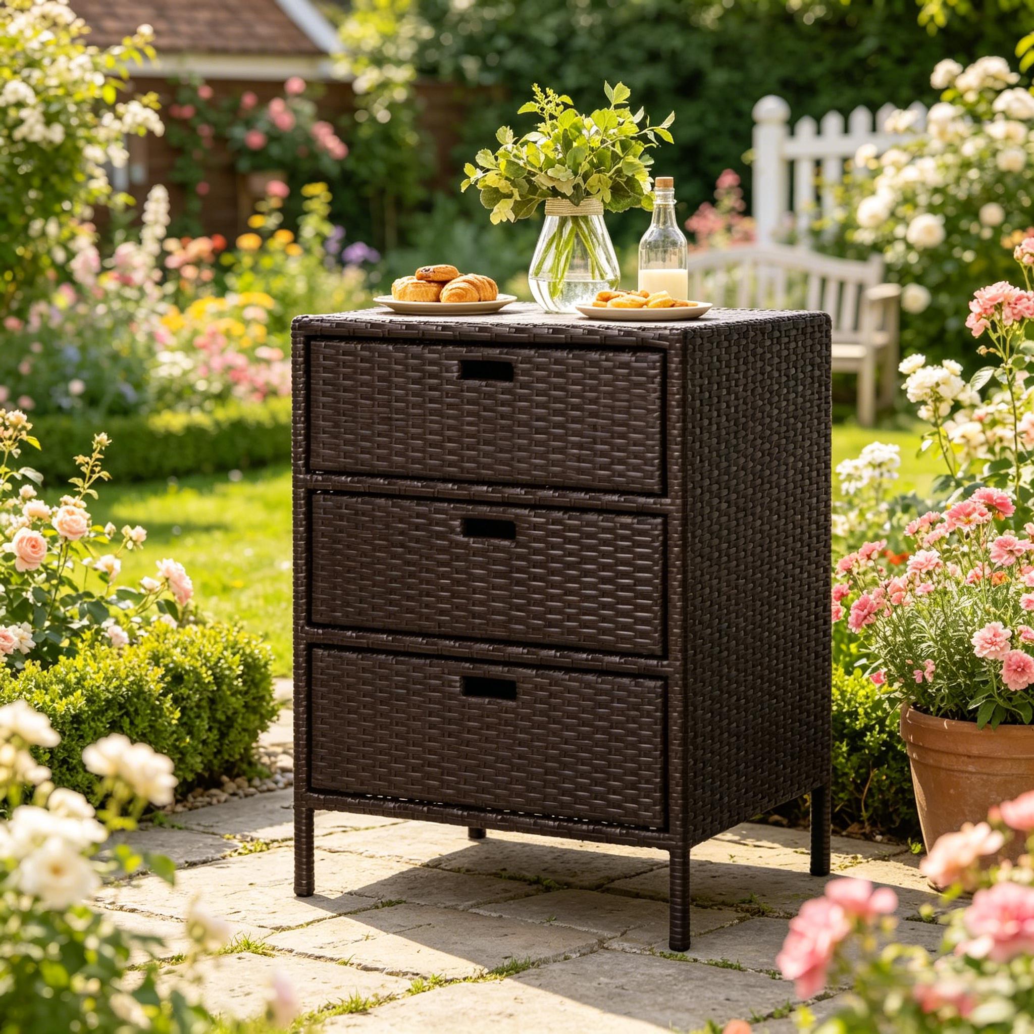 Brown Rattan Pool Towel Storage Cabinet - 3 Drawers
