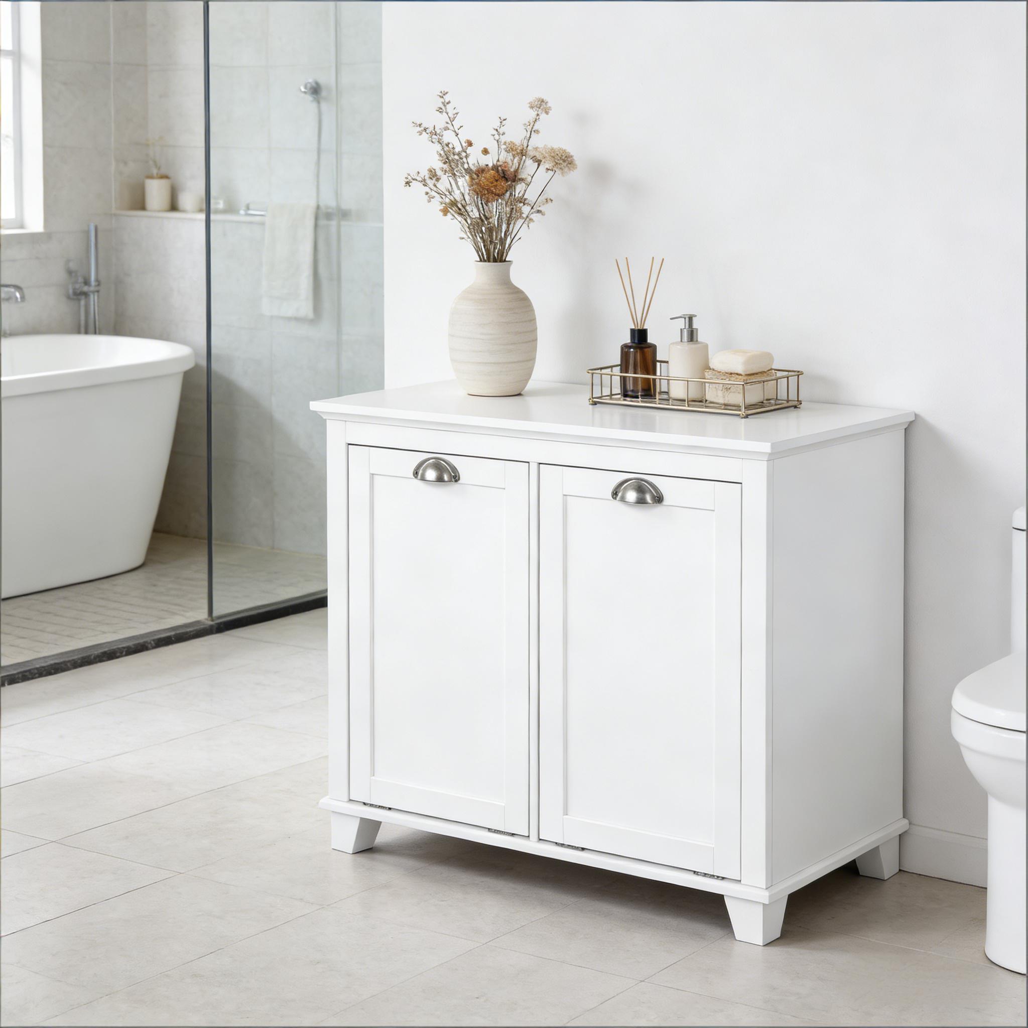 White MDF Laundry Cabinet with Tilt Out Hamper