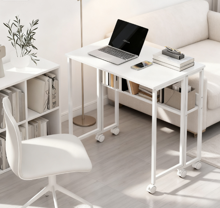 Small White Folding Desk with Storage Shelf