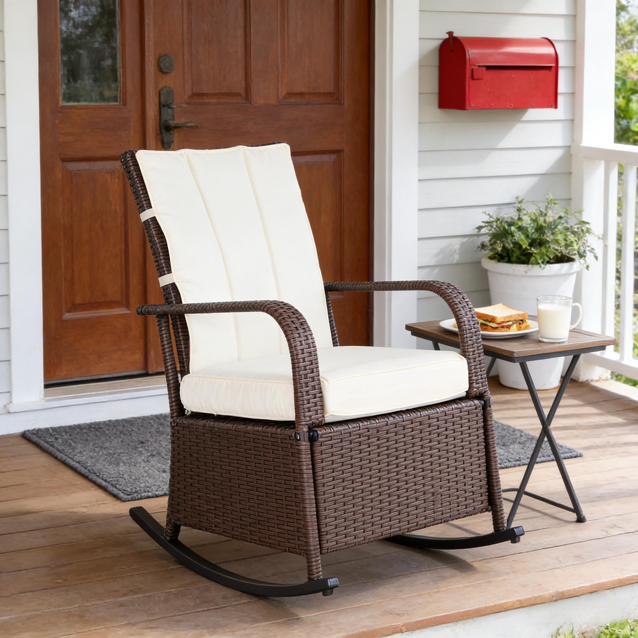 Brown & White Outdoor Rocking Rattan Recliner