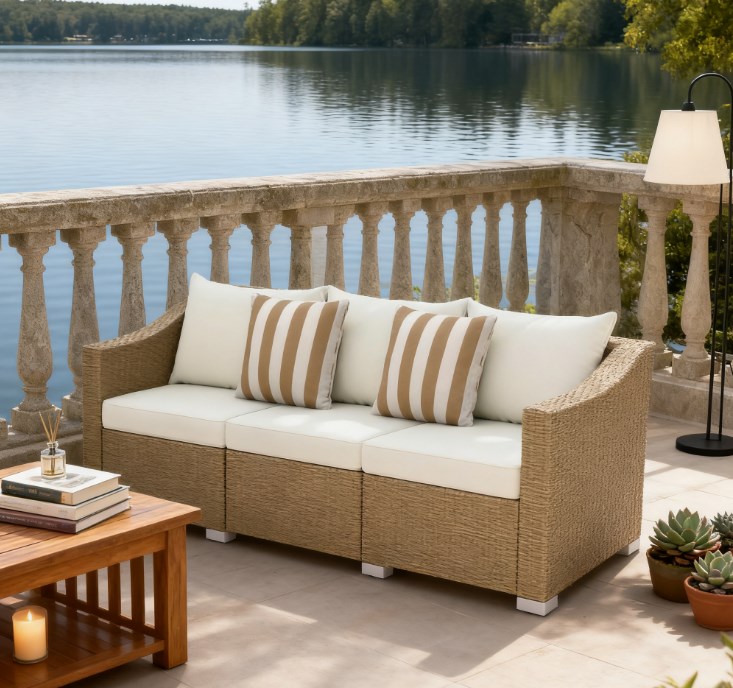 Cream White Rattan Patio Sofa with Cushions