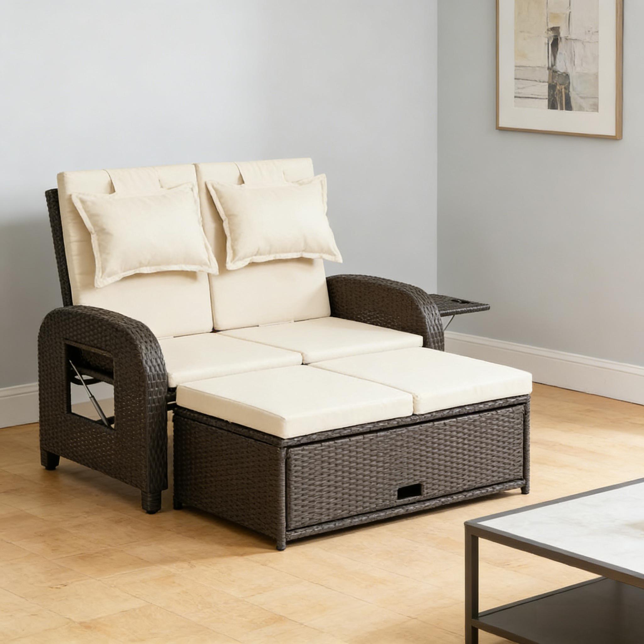 3-in-1 Beige Rattan Patio Daybed Sofa Set