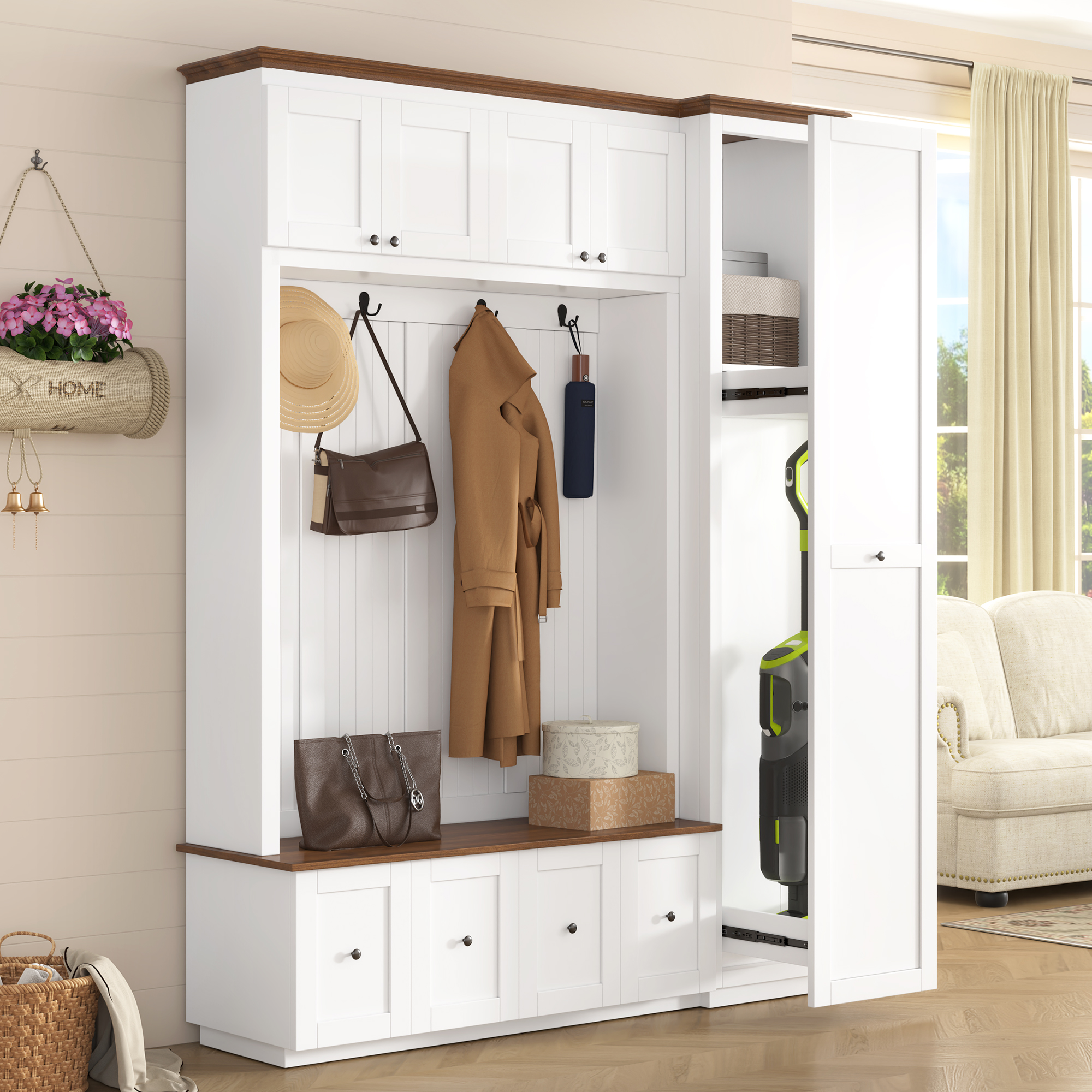 White MDF Entryway Hall Tree with Storage Bench