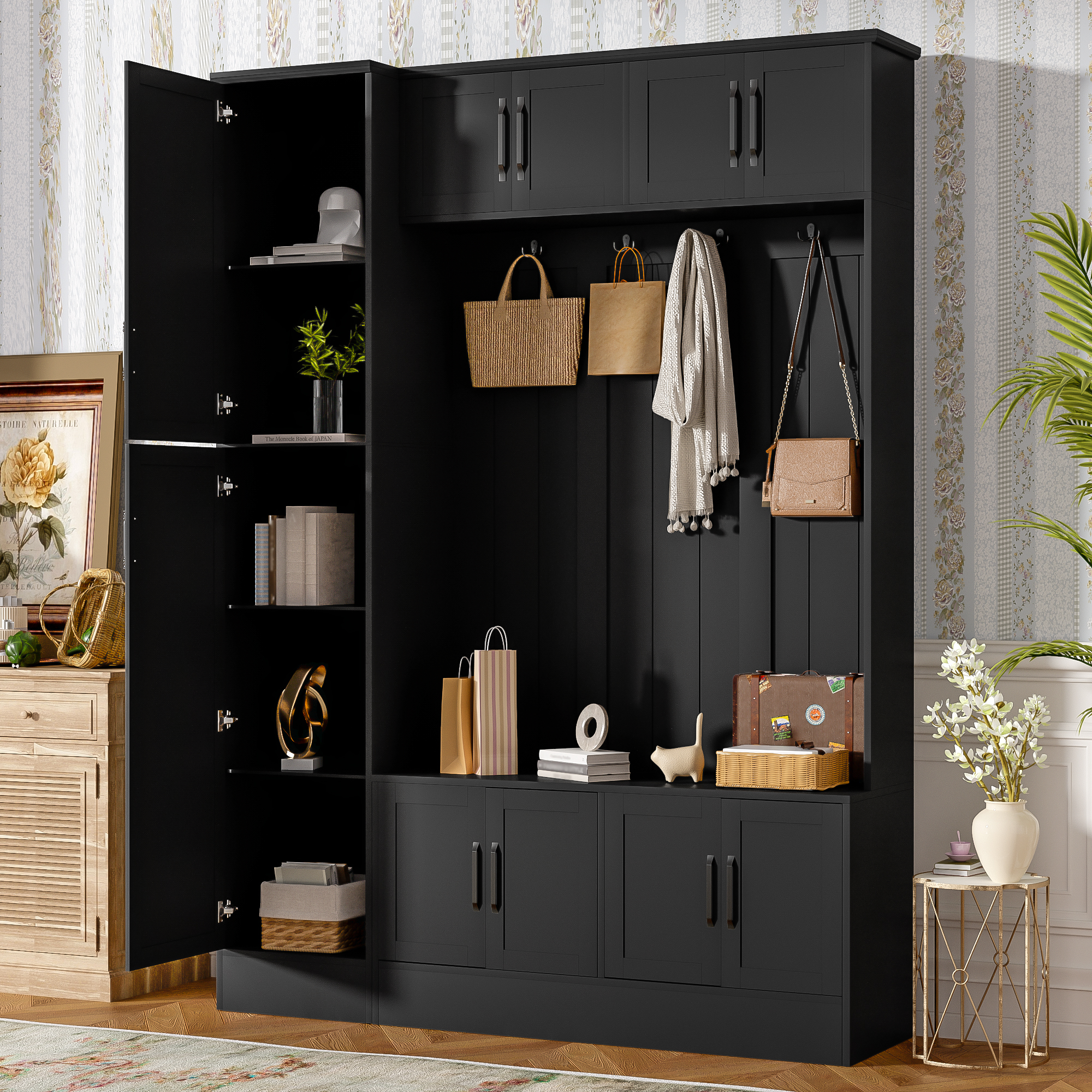 Modern Black Hall Tree with Shoe Storage Bench